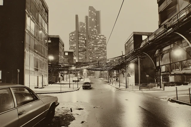 Urban Cityscape with High Rise Buildings at Night