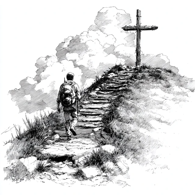 Man Hiking to Cross Dramatic Black and White Illustration