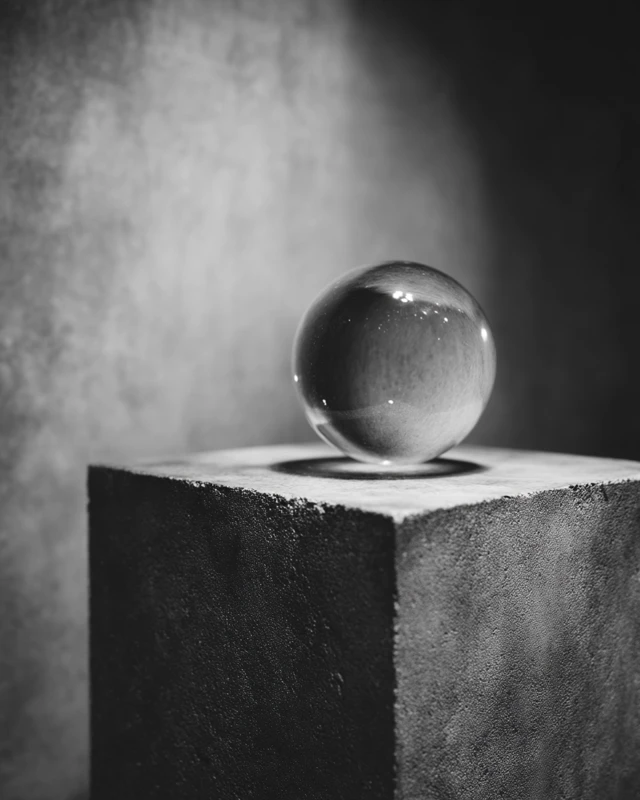 Glass Orb on Concrete Pedestal Grayscale Aesthetic