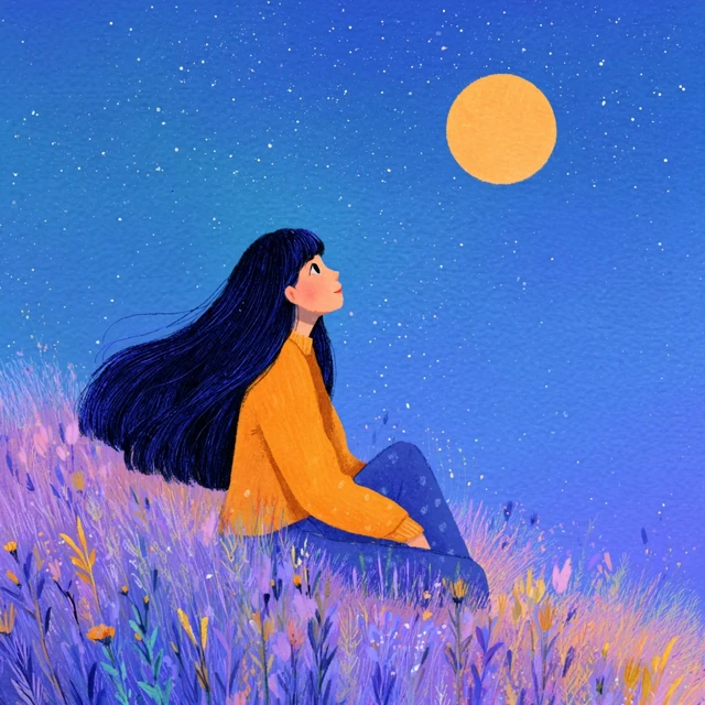 Girl Star Gazing Moon Illustration