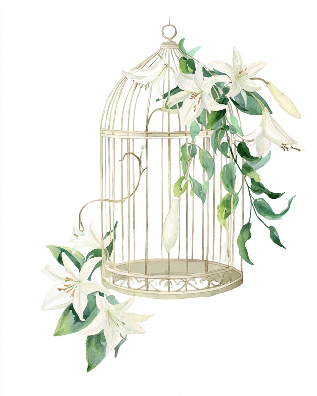 Watercolor Birdcage with Lilies and Greenery