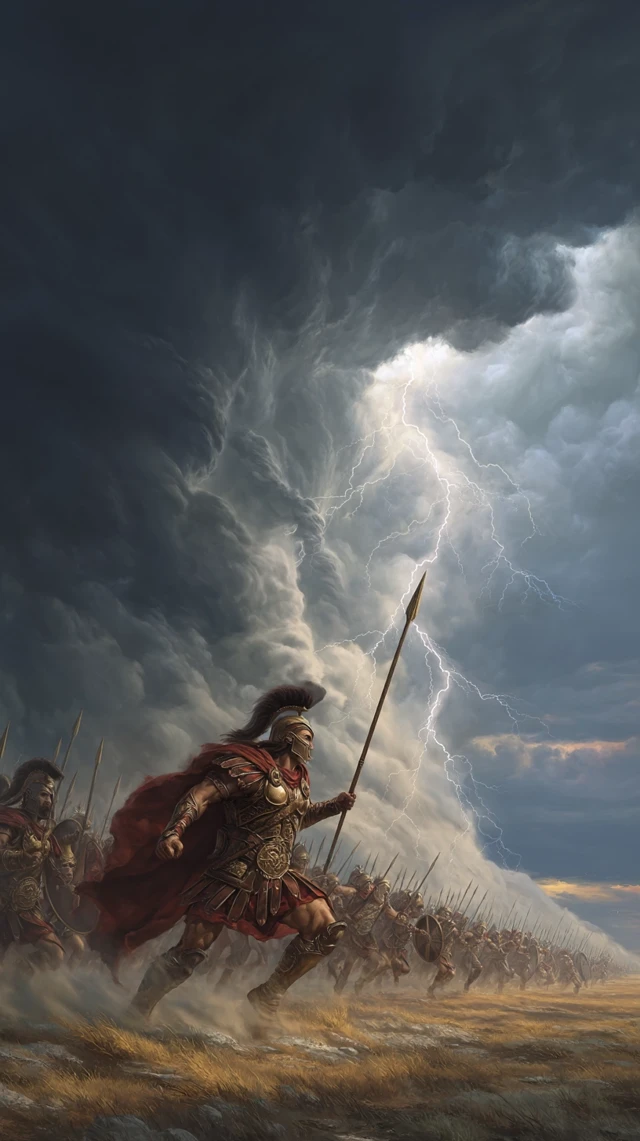 Spartan King Leads Charge in Thunderstorm Epic Scene