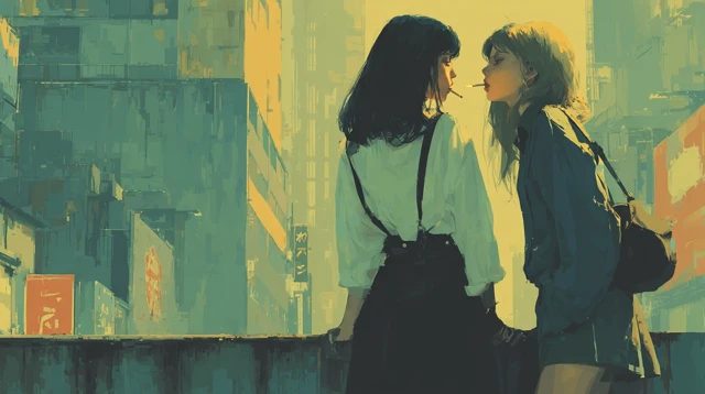 Anime Girls City Rooftop Smoke Art