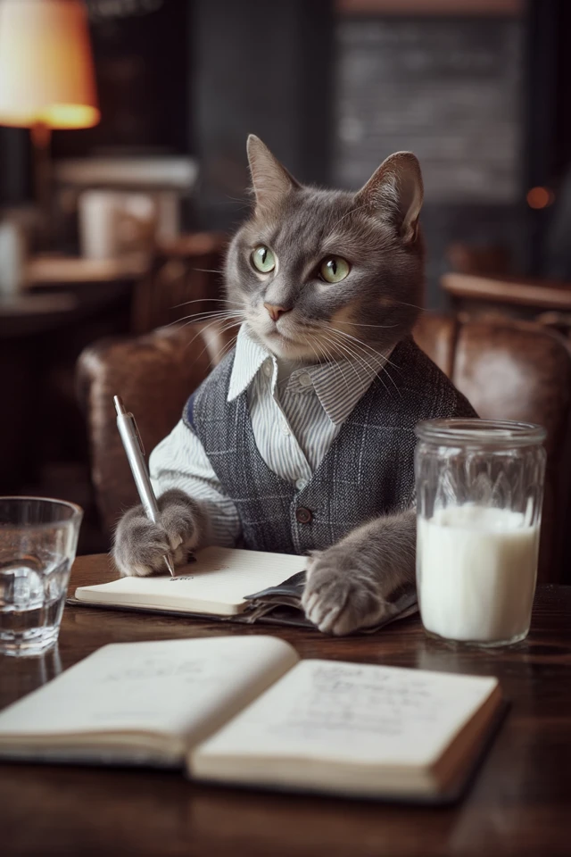 Humanised Cat Taking Notes in Cafe