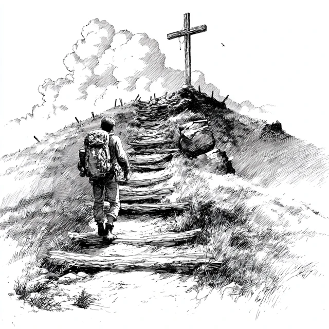 Man Hiking to Cross Dramatic Black and White Illustration