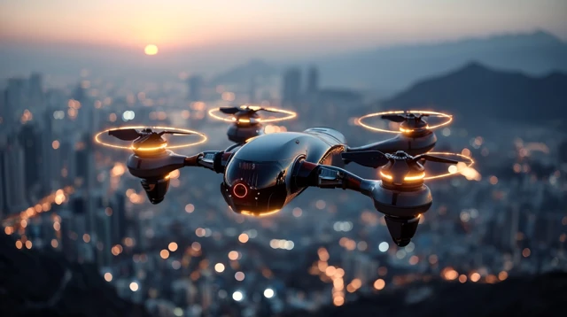 Futuristic Drone Over Cityscape at Dusk