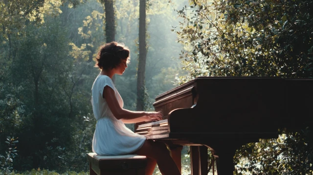 Woman Playing Piano in Spring Forest Morning Sunlight