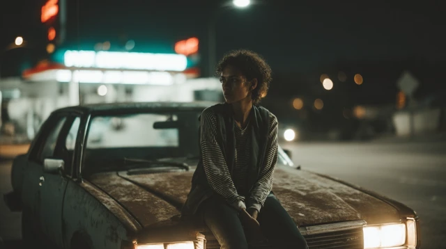 Night Scene Woman on Car Neon Lights
