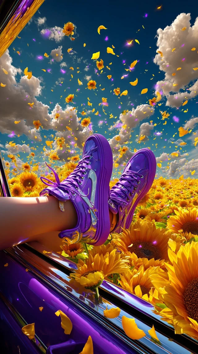 Summer Road Trip Sunflower Field and Purple Sneakers