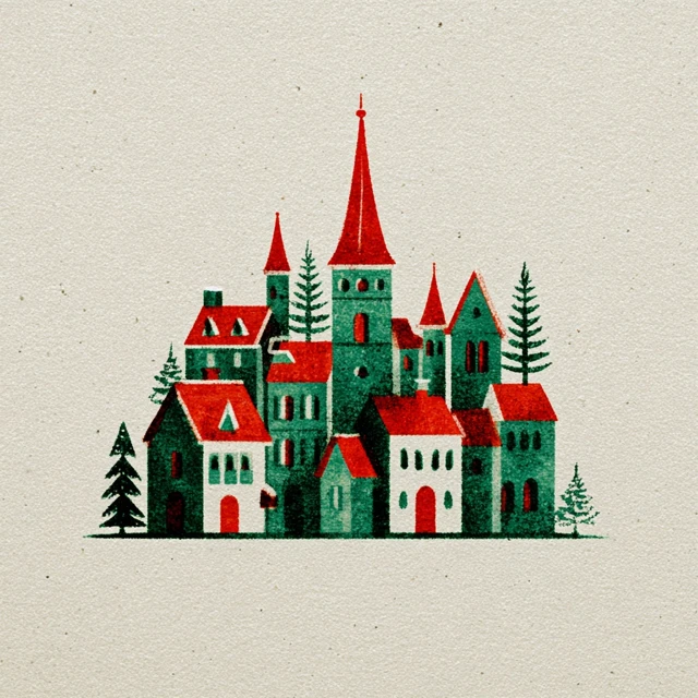 Retro Christmas Town Illustration in Red and Green