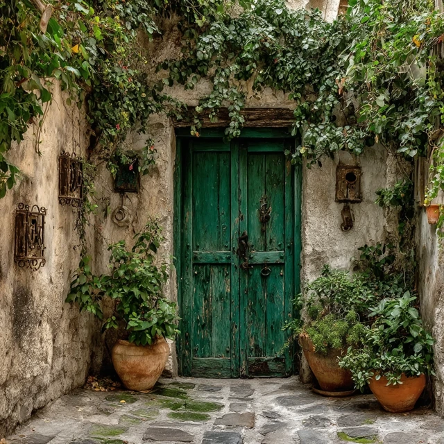 Ancient Doorway Green Vines and Stone Patio