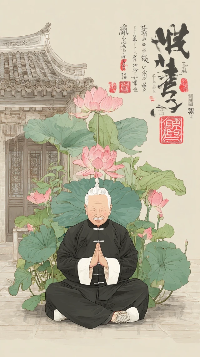 Chinese Art: Meditating Elder and Lotus Flowers