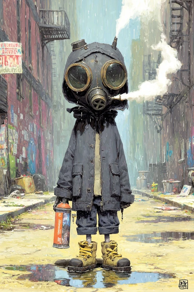 Dystopian Art Gas Mask Figure Alleyway