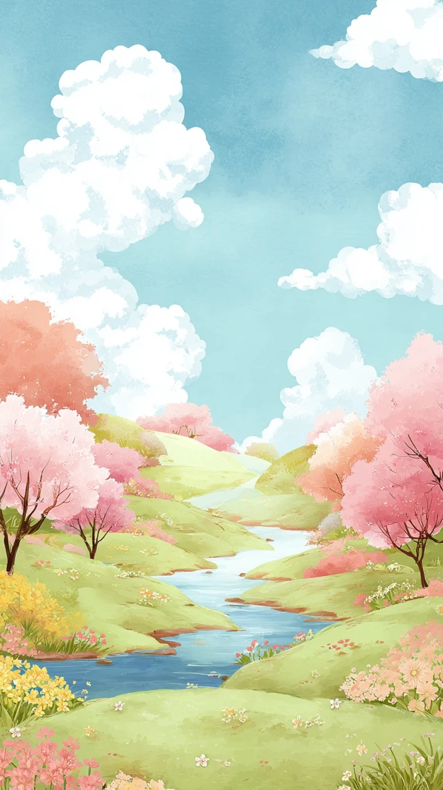 Spring Landscape Watercolor Cherry Blossoms