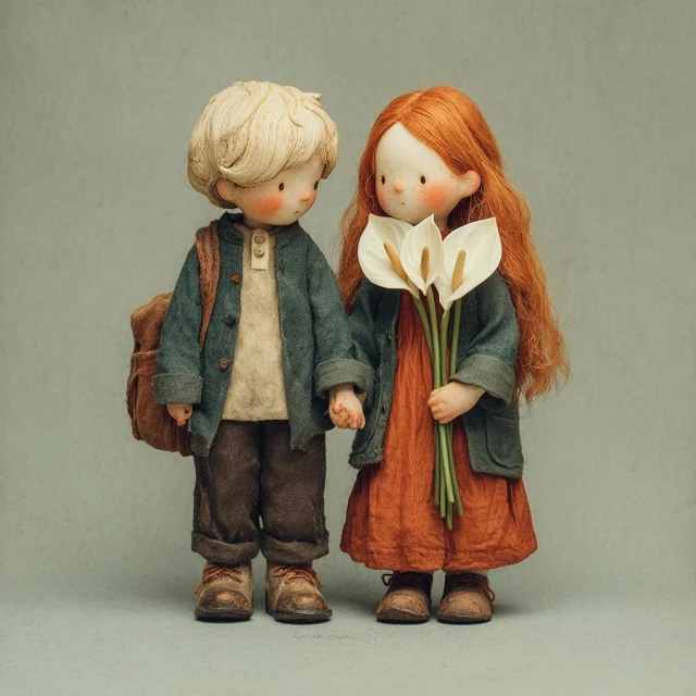 Red Haired Dolls Holding Hands with Peace Lilies