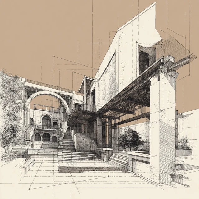 Architectural Perspective Drawing with Shadows and Textures