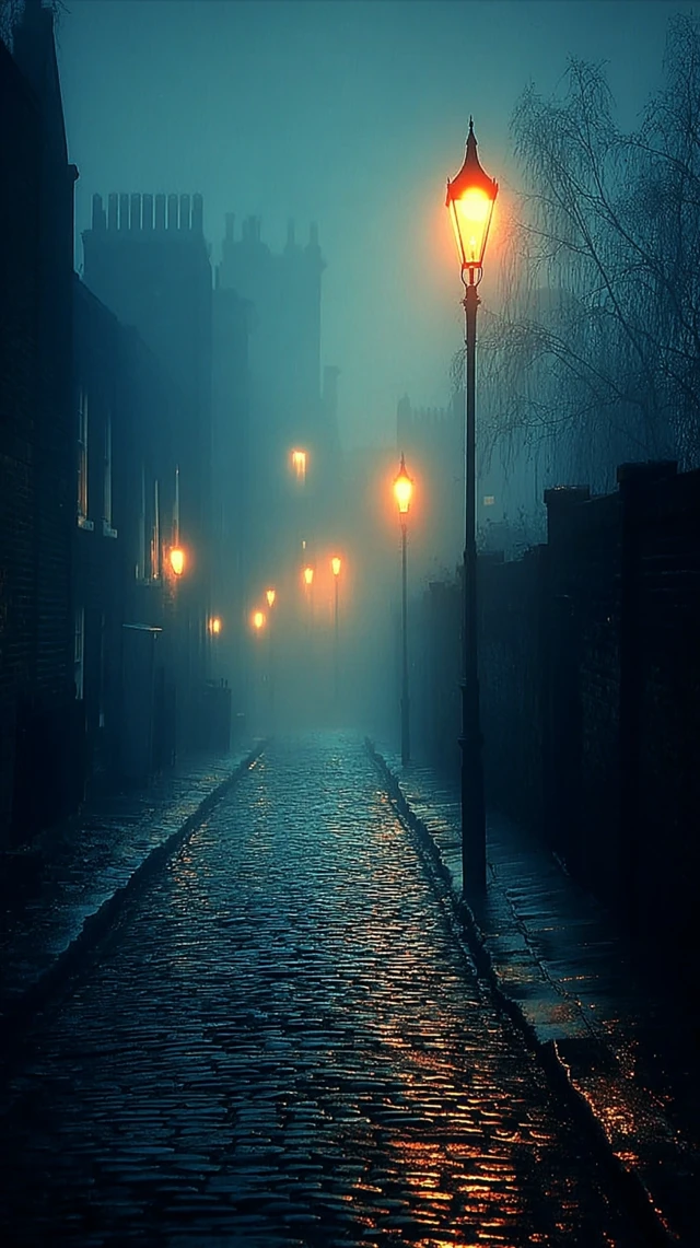 Victorian London Alley Cinematic Scene Foggy Street Lights