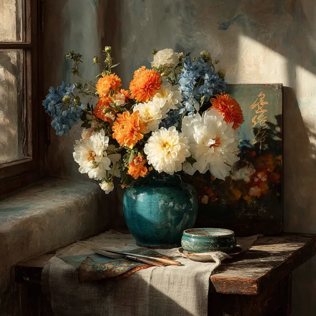 Floral Bouquet on a Table Painting in Orange and Blue