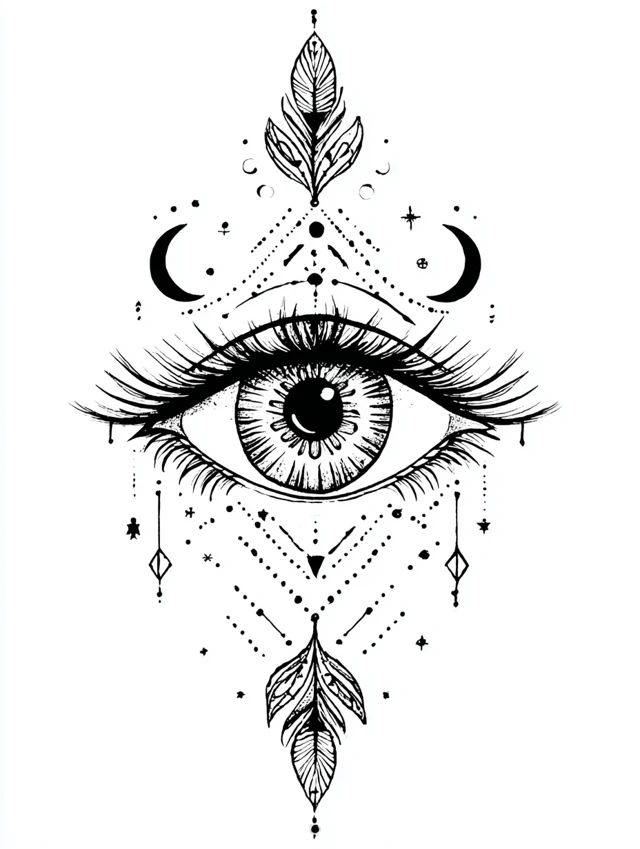 Mystical Eye Totem Black and White Line Art