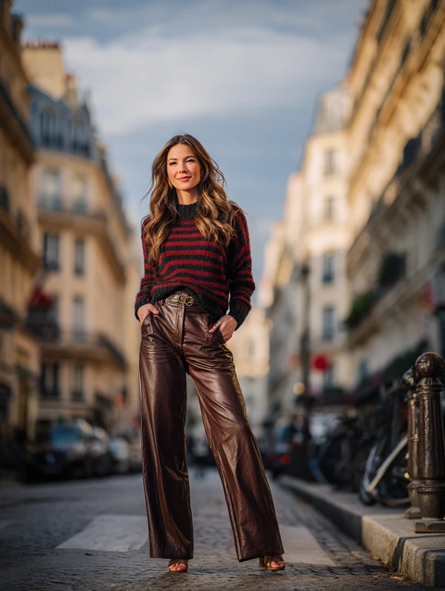 Paris Fashion Chic Woman in Leather Pants