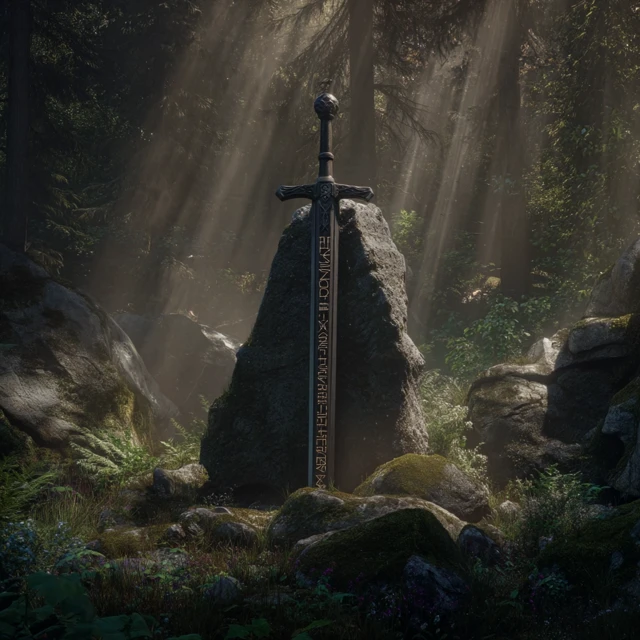 Excalibur Sword in Stone Mystical Forest