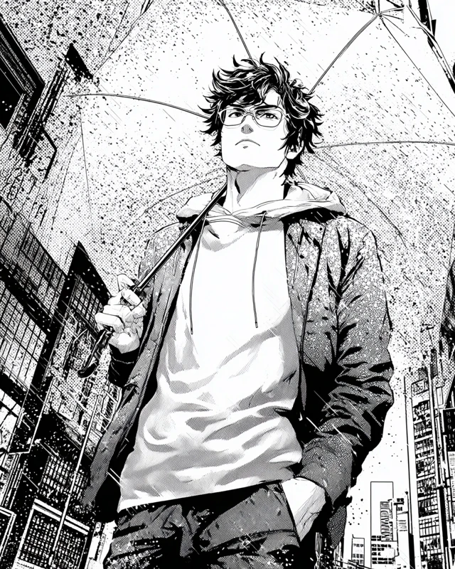 Anime Inspired Male with Umbrella Street Illustration