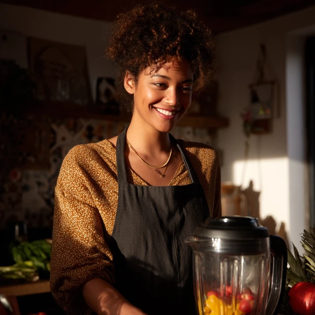 Cheerful Woman Using Blender in Kitchen Lifestyle Photo