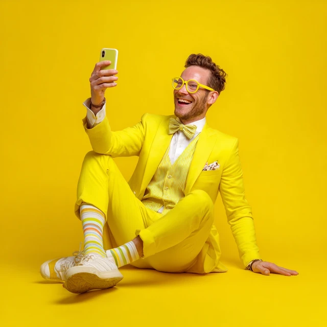 Cheerful Blogger in Bright Suit with Camera