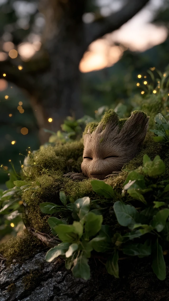 Baby Groot Sleeping in a Magical Forest