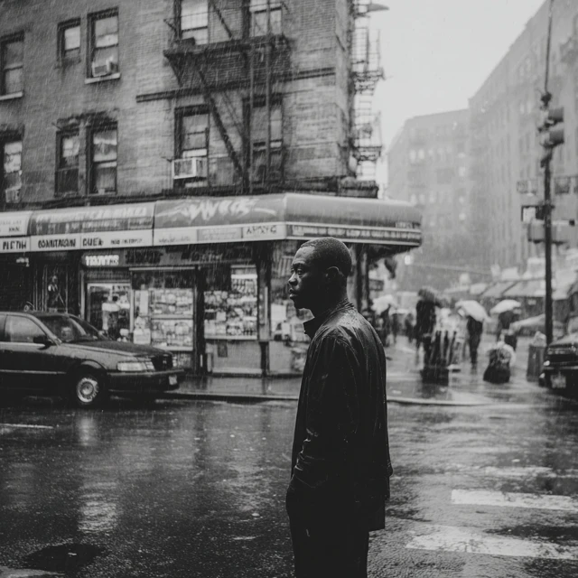 Man in Hood Stands in NYC Rain