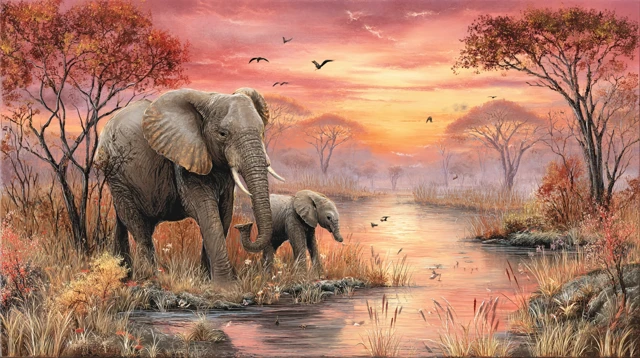 Elephant Family at Waterhole - Dreamy Art