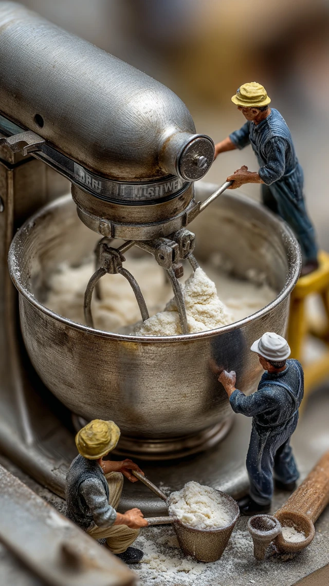Miniature Bakers Mixing Dough Realistic Details