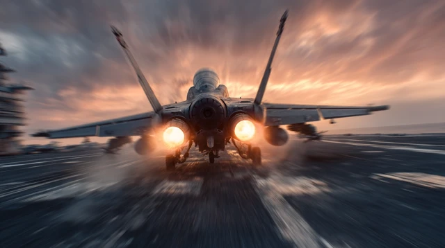 Military Jet Taking Off From Carrier Deck