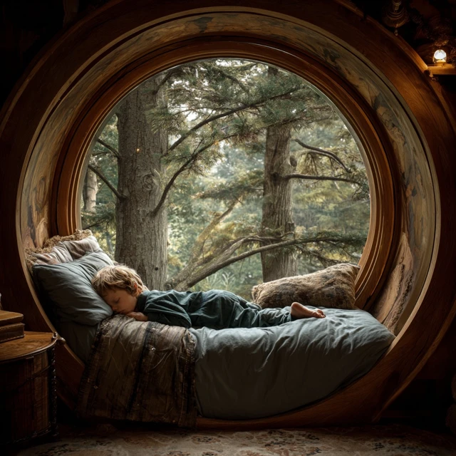 Boy Asleep in Cozy Room with Forest View