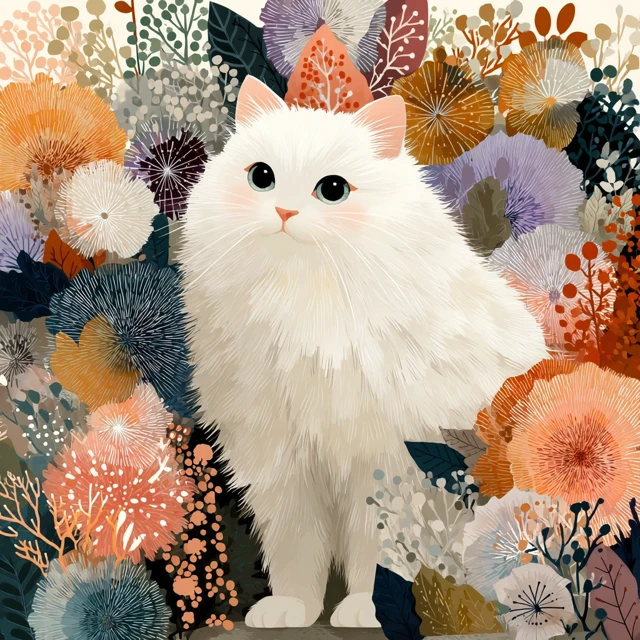 Cute Cartoon Cat with Flowers in a Spring Backdrop