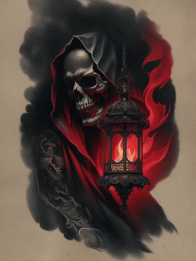 Gothic Skull Lantern Tattoo Flash Art Design
