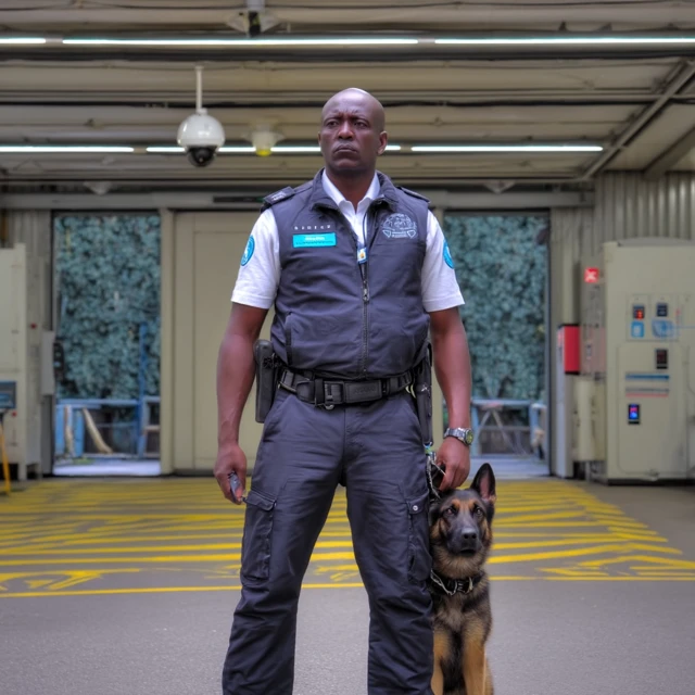 Security Guard with K9 German Shepherd at Entrance