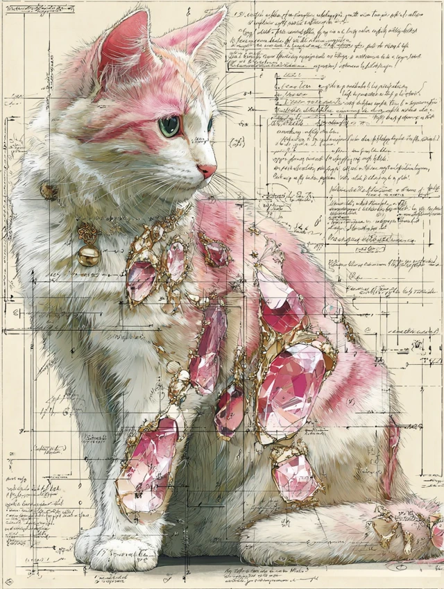 Pink Cat Anatomical Illustration Da Vinci Style