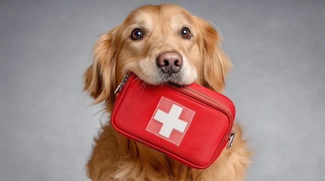 Golden Retriever with First Aid Kit Ready to Help