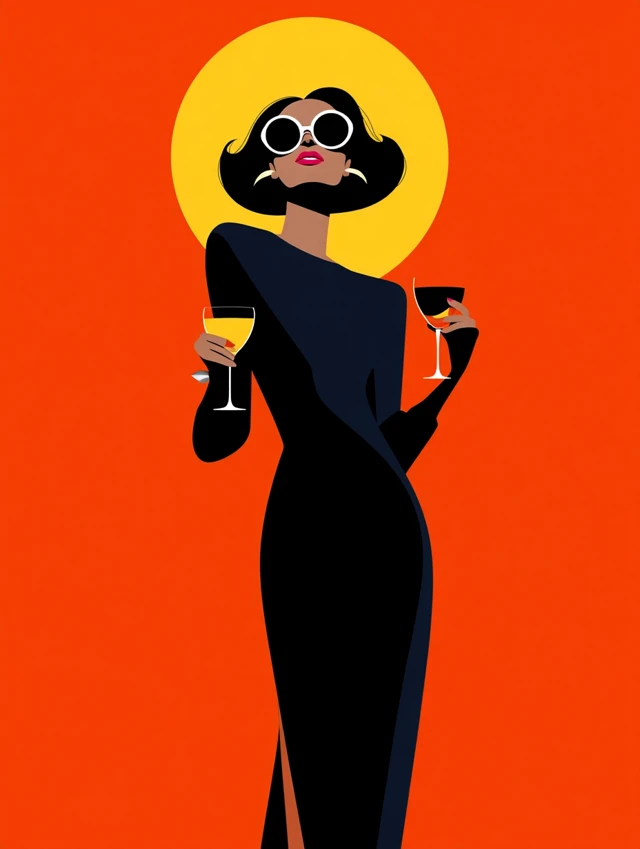 Elegant Woman Illustration with Wine - Minimal Vector Art