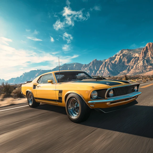 1969 Ford Mustang Mach 1 on Desert Highway