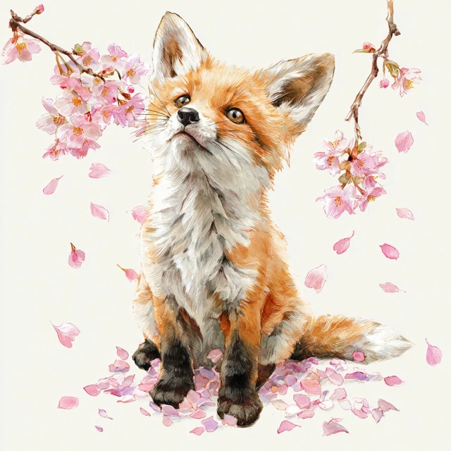 Fox Kit Playing in Cherry Blossoms Watercolor Art