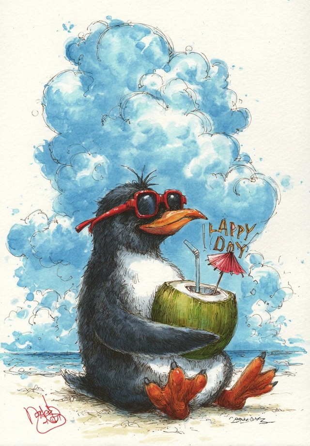 Happy Penguin Beach Day Illustration