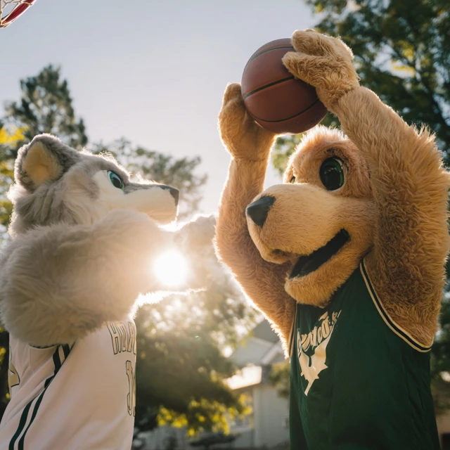 Basketball Mascots Playing Intense Game