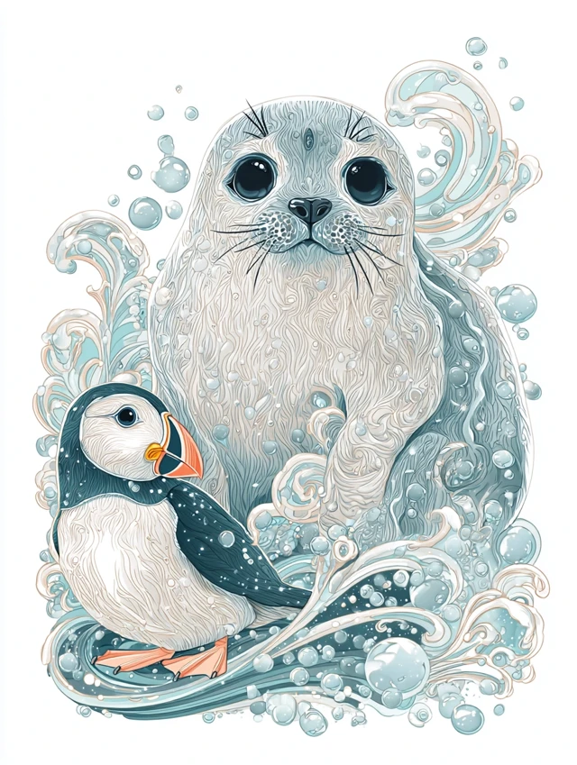 Kawaii Seal and Puffin Adorable Illustration