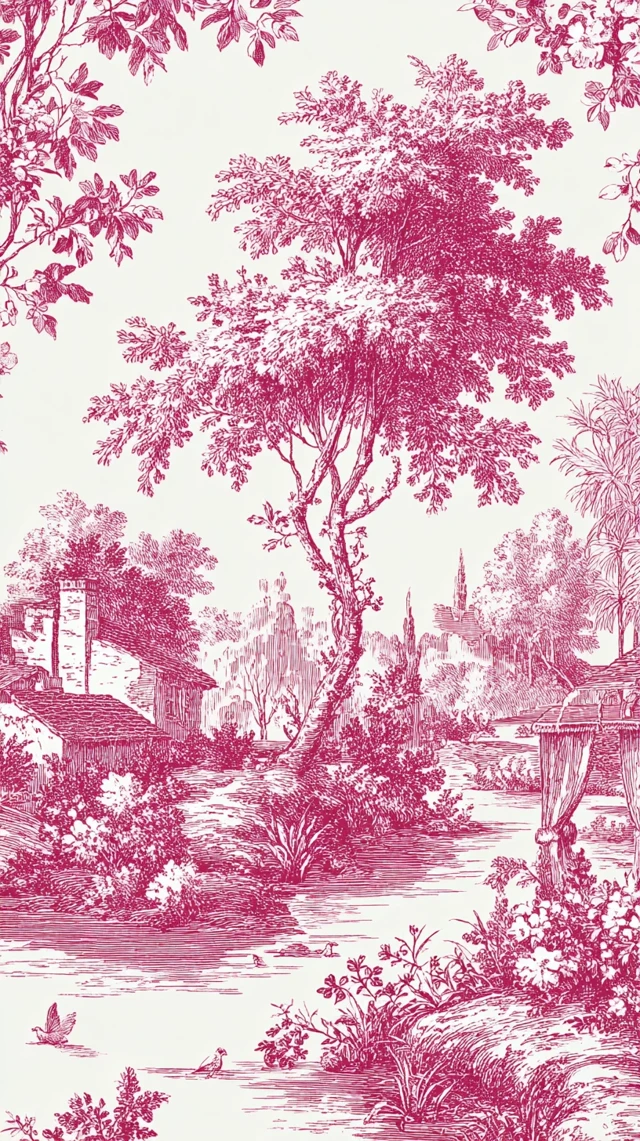 Pink Toile de Jouy Pattern Trees Flowers