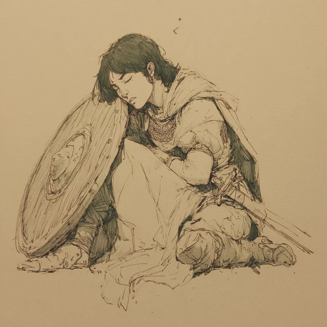 Medieval Female Warrior Sleeping with Shield
