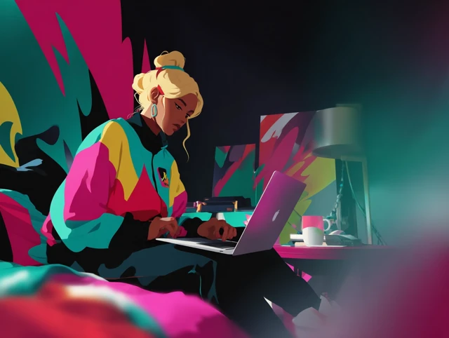 Blonde Woman on Laptop Modern Art Illustration