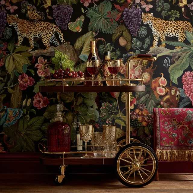Bohemian Luxe Bar Cart Tropical Wallpaper Interior Design