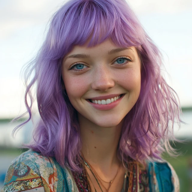 Woman with Purple Hair Natural Beauty Bohemian Style
